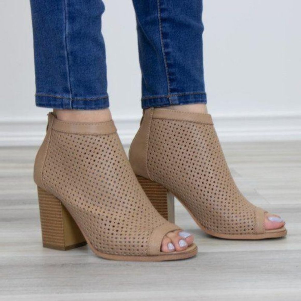 Taupe Perforated Heeled Open Toe Ankle Boots - Picture 6 of 9